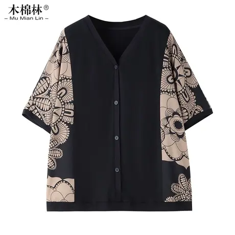 木棉林胖mm大码高端上衣 夏季洋气短袖宽松显瘦气质薄款v领妈妈装图片
