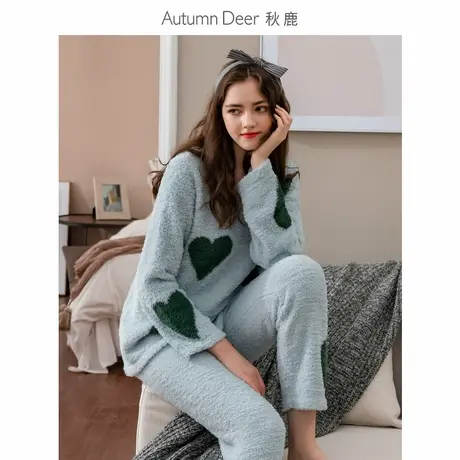 秋鹿【半边绒】睡衣女套装长袖圆领羽毛纱甜美爱心春秋家居服秋图片