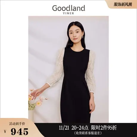 Goodland美地女装2023秋季优雅蕾丝针织蝴蝶结泡泡袖连衣裙图片