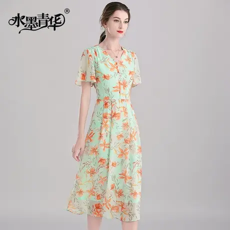 水墨青华夏季新款百搭显瘦中长款大摆裙时尚花色短袖连衣裙图片