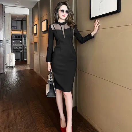 设计高级感小心机网纱拼接连衣裙女气质修身显瘦名媛赫本风小黑裙图片