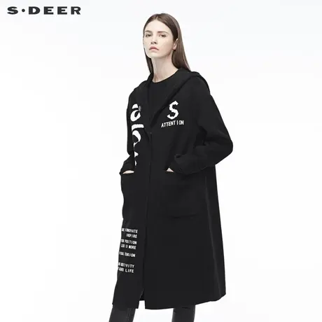 sdeer圣迪奥冬装流畅剪裁撞色字母口袋连帽毛呢大衣外套S18481829图片