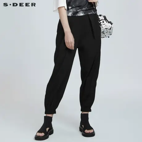 sdeer圣迪奥夏装宽松休闲拼接收口黑色九分裤女S21280807商品大图