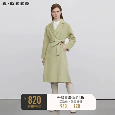 sdeer圣迪奥女装外套秋冬西装领收腰毛呢长款大衣S22482520图片