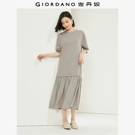 佐丹奴裙子女装弹力针梭织拼接荷叶边圆领连衣裙 13464221图片