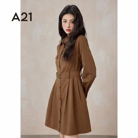 A21女装翻领长袖A摆连衣裙春秋季2024新款收腰小众复古工装衬衫裙图片