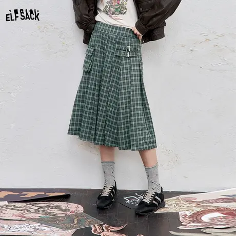 妖精的口袋复古格纹百褶半身裙女2025年秋季新款高腰学院风长裙子图片