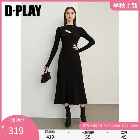 DPLAY2025年秋季新款黑色连衣裙女镂空设计羊毛针织裙子修身长裙图片