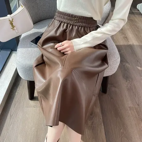 咖色皮裙中长款高腰伞裙半身裙秋冬女2023新款A字裙显瘦半身长裙图片