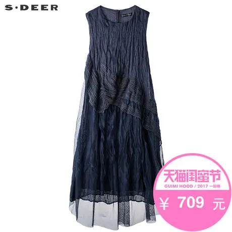 sdeer圣迪奥2019夏装简约肌理绣花网纱拼接亚麻连衣裙女S17281248图片