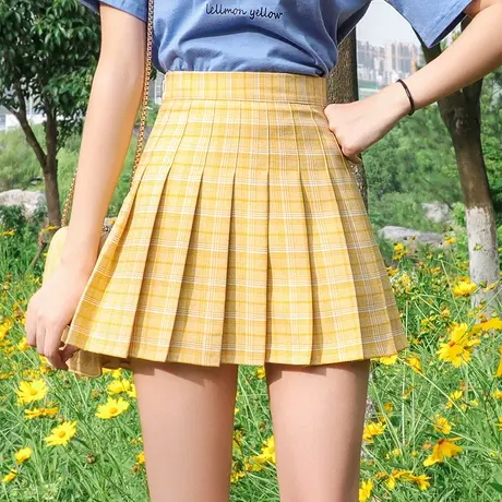 黄色百褶裙女夏天高腰短裙显瘦a字百搭西装料半身裙小裙子小个子图片