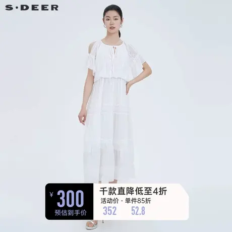 sdeer圣迪奥夏蕾丝连衣裙露肩花边设计感泡泡袖白色长裙S222Z1278图片
