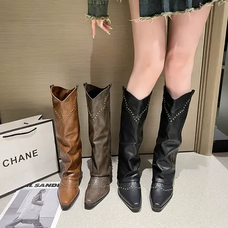 长筒靴女2023春秋季新款小众设计感西部牛仔靴粗跟高跟尖头骑士靴商品大图