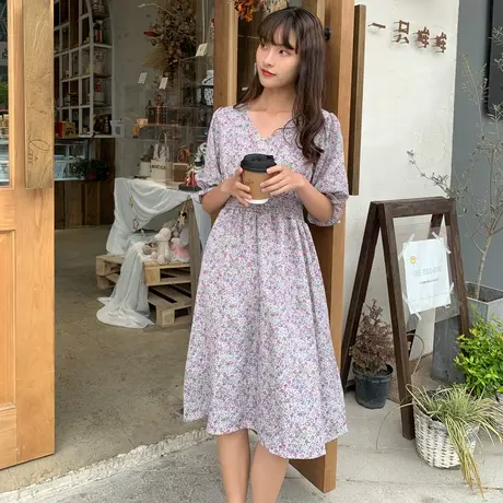 唐狮紫色碎花裙夏女收腰显瘦韩版温柔风裙子ins潮v领连衣裙图片