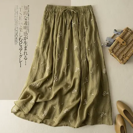 享永子刺绣苎麻半身裙女文艺复古宽松显瘦遮胯气质棉麻长裙2023夏图片