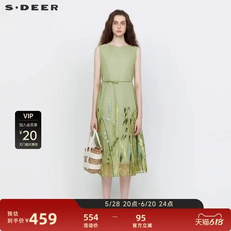sdeer圣迪奥女装田园风圆领收腰网纱绣花连衣裙S24281273图片