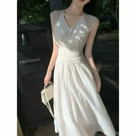 【韩语琳 新品9折】法式V领无袖褶皱长裙女2025夏高知分子连衣裙图片
