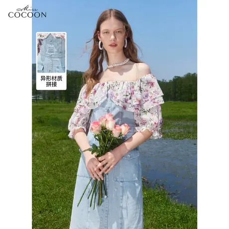 miss COCOON一字肩连衣裙女2023夏季新款雪纺印花拼接复古牛仔裙图片