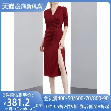 轻奢名媛气质女神范收腰连衣裙女秋2023新款酒红色V领长袖开叉裙图片