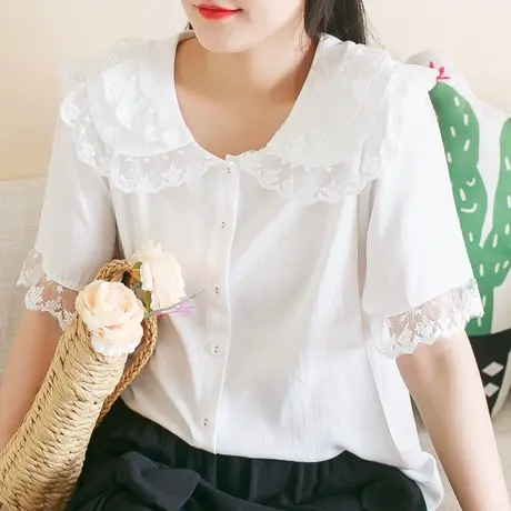 胖妹妹2025夏减龄棉质花边娃娃领衬衫大码新款宽松上衣200斤图片