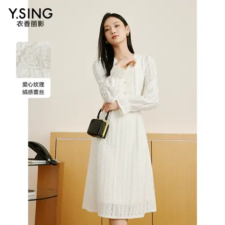 【直播】白色绒感蕾丝连衣裙女秋冬季新款高级感法式复古裙子图片
