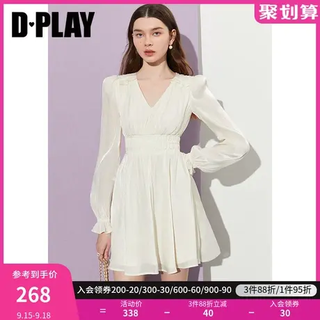 DPLAY2024春装新温柔气质白色V领泡泡袖鎏光纱司马克大摆连衣裙图片
