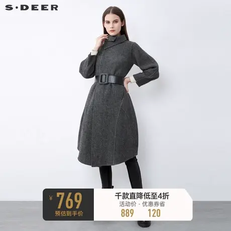 sdeer圣迪奥立领收腰暗条纹拼接毛呢大衣外套女S21481810图片
