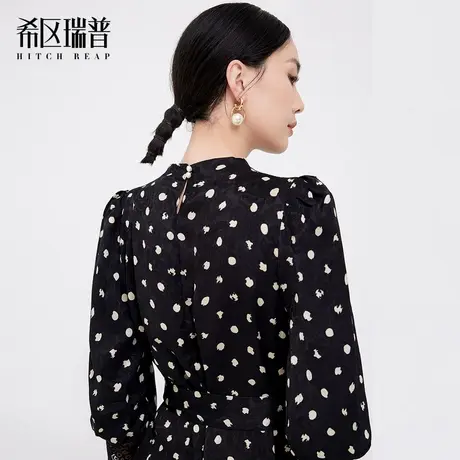 希区瑞普设计感不规则波点系带连衣裙珍珠领黑色印花鱼尾裙F1673图片