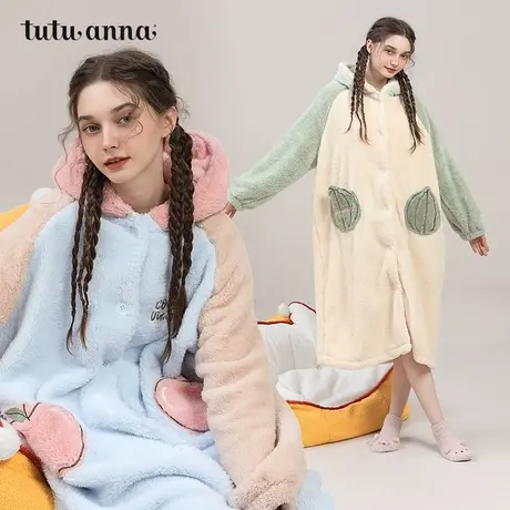 tutuanna秋冬珊瑚绒女士睡衣水果造型加绒保暖羊羔绒家居服睡袍女图片