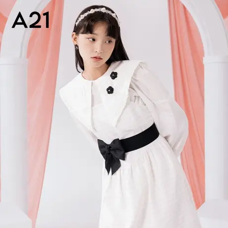 A21女装梭织收腰时尚收腰显瘦法式系带拼接撞色呢料吊带短连衣裙图片