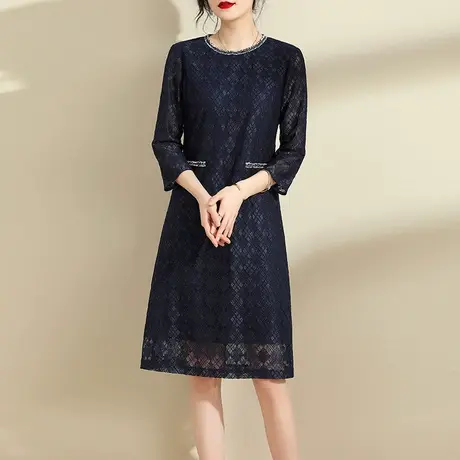 水墨青华春季新品百搭打底裙子时尚中长款网纱蕾丝连衣裙女图片