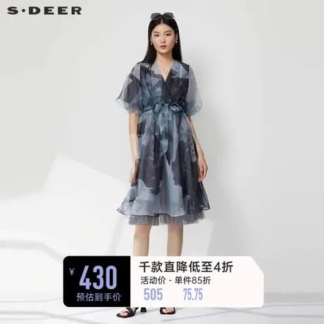 sdeer圣迪奥女装V领晕染收腰网纱泡泡袖连衣裙S232Z1208图片
