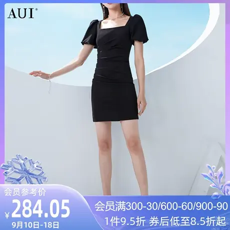 AUI小个子泡泡袖针织连衣裙2023女夏新款气质方领修身包臀小黑裙图片
