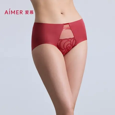 爱慕瑰丽内裤女红品棉质里裆性感蕾丝中腰平角裤AM23C371图片