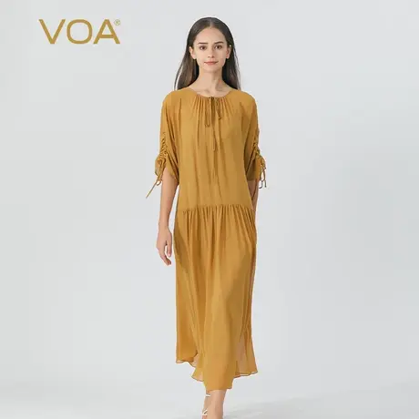 VOA棕黄色100%纯桑蚕丝系带圆领蝙蝠七分袖收腰假两件真丝娃娃裙图片