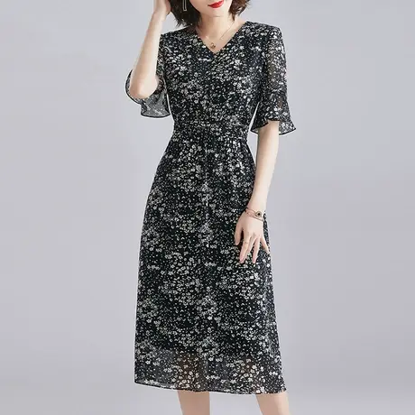 水墨青华夏季新品女装时尚中长裙大摆裙子修身花色短袖连衣裙图片