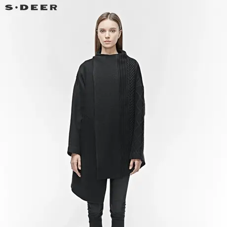 sdeer圣迪奥冬季半高领斜襟针织拼接不规则毛呢大衣女S19481752图片