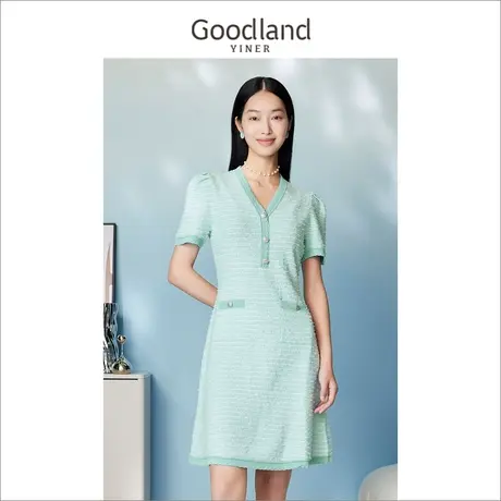【爆款升级】Goodland美地女装2023夏V领新色花纱小A摆连衣裙图片