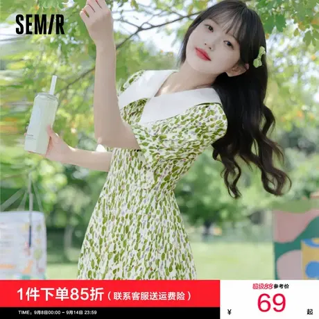 森马连衣裙女收腰优雅2025夏季小清新夏季法式撞色大翻领肌理短裙图片