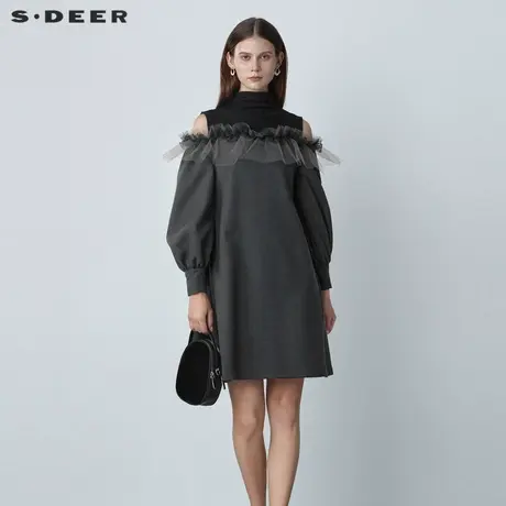 sdeer圣迪奥女装秋装半高领露肩网纱不规则连衣裙S221Z1261图片