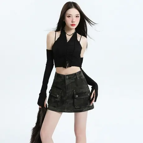 唐狮美式复古迷彩短裙女2024秋冬新款时尚百搭辣妹风潮流半身裙GT图片