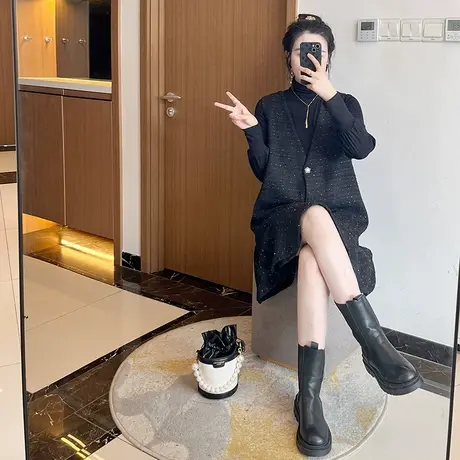 气质小香风背心连衣裙女秋冬新款显瘦a字小黑裙套装两件大码胖mm图片