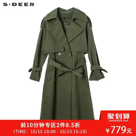 sdeer圣迪奥2018冬装新款经典军绿翻领腰带及膝风衣外套S18461872图片