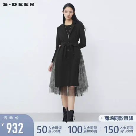 sdeer圣迪奥西装领单排扣收腰网纱拼接长款风衣S21381812图片