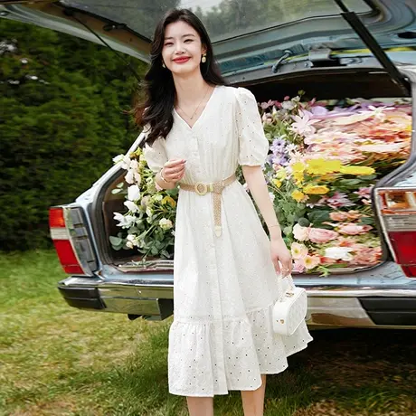 时尚温柔甜美短袖连衣裙2022年夏季新款淑女气质洋气收腰显瘦裙子图片