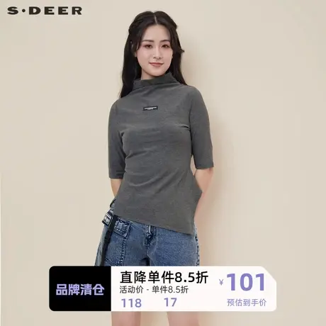 sdeer圣迪奥女装个性半高领字母胶印不规则短袖T恤S21280111商品大图