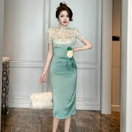 绝美漂亮小清新蕾丝连衣裙拼接假两件高端气质半高领修身包臀裙夏图片