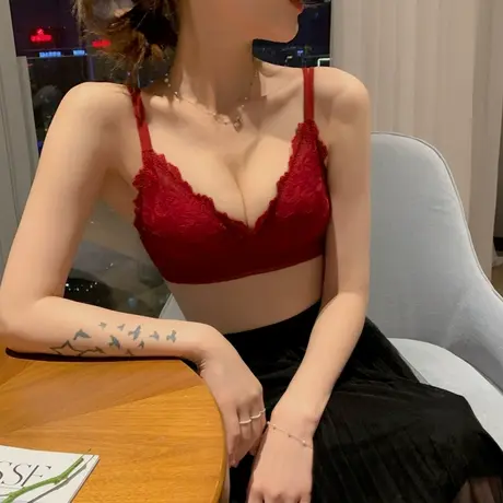 红色内衣女法式薄款蕾丝本命年结婚bra小胸聚拢无钢圈文胸套装商品大图