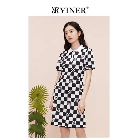 【环保系列】YINER音儿专选女装夏翻领棋盘格连衣裙图片