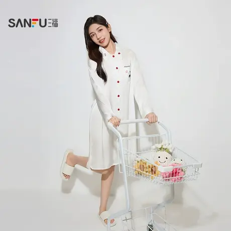 三福女秋季卡通翻领长袖睡裙 甜美刺绣宽松柔滑家居服504601图片